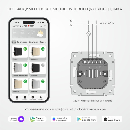 W4513011/ Умный сенсорный выключатель одноклавишный (шампань)