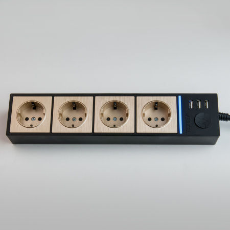 W6514944/ Розеточный блок 4-х местный + 3 USB черный/шампань рифленый