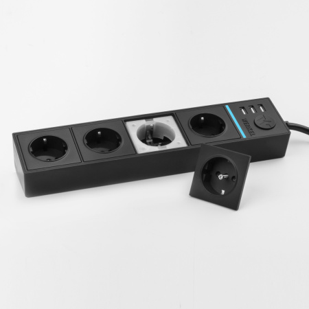 W6514908/ Розеточный блок 4-х местный + 3 USB черный