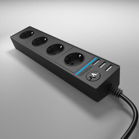 W6514908/ Розеточный блок 4-х местный + 3 USB черный