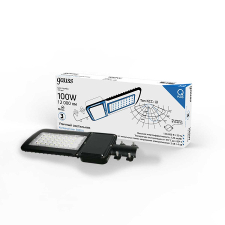 Светильник уличный Gauss Qplus 100W 12000lm 5000K 120-260V IP65 455*180*49мм черный КСС 