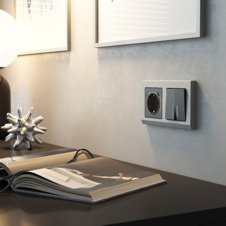 W1171764 Розетка с заземлением, шторками и USB тип A+C  (графит матовый)