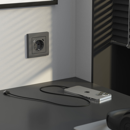 W1171764 Розетка с заземлением, шторками и USB тип A+C  (графит матовый)